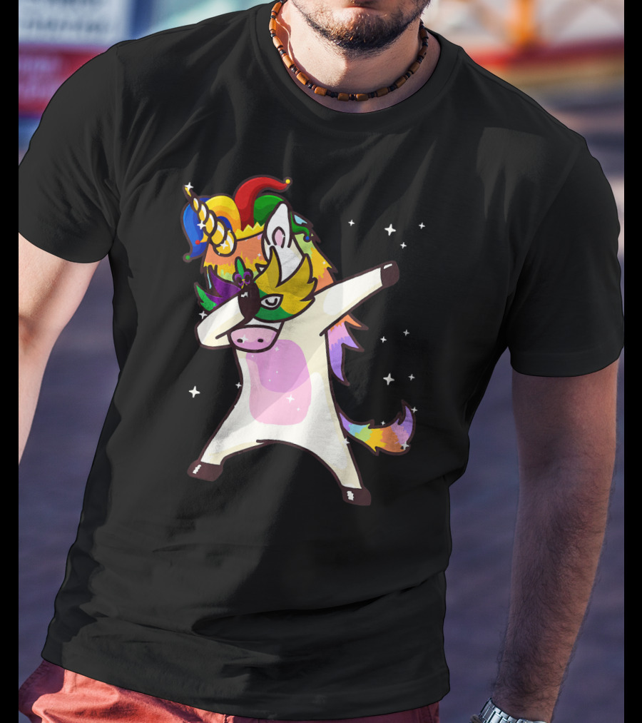 Mardi Gras Dabbing Unicorn Jester Mask Party T-Shirt