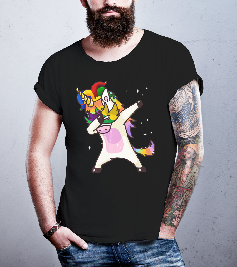 Mardi Gras Dabbing Unicorn Jester Mask Party T-Shirt