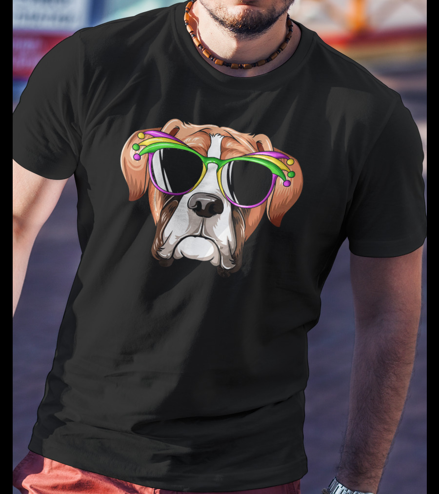 Boxer Dog Mardi Gras Jester Glasses Carnival Mask T-Shirt