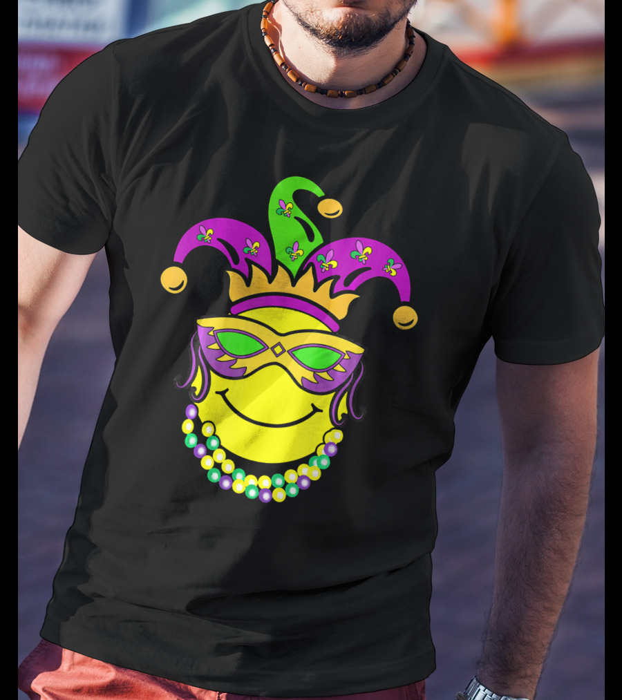 Mardi Gras Emoji Jester Mask Fleur-de-Lis Beads Funny Mardi Gras Lover T-Shirt