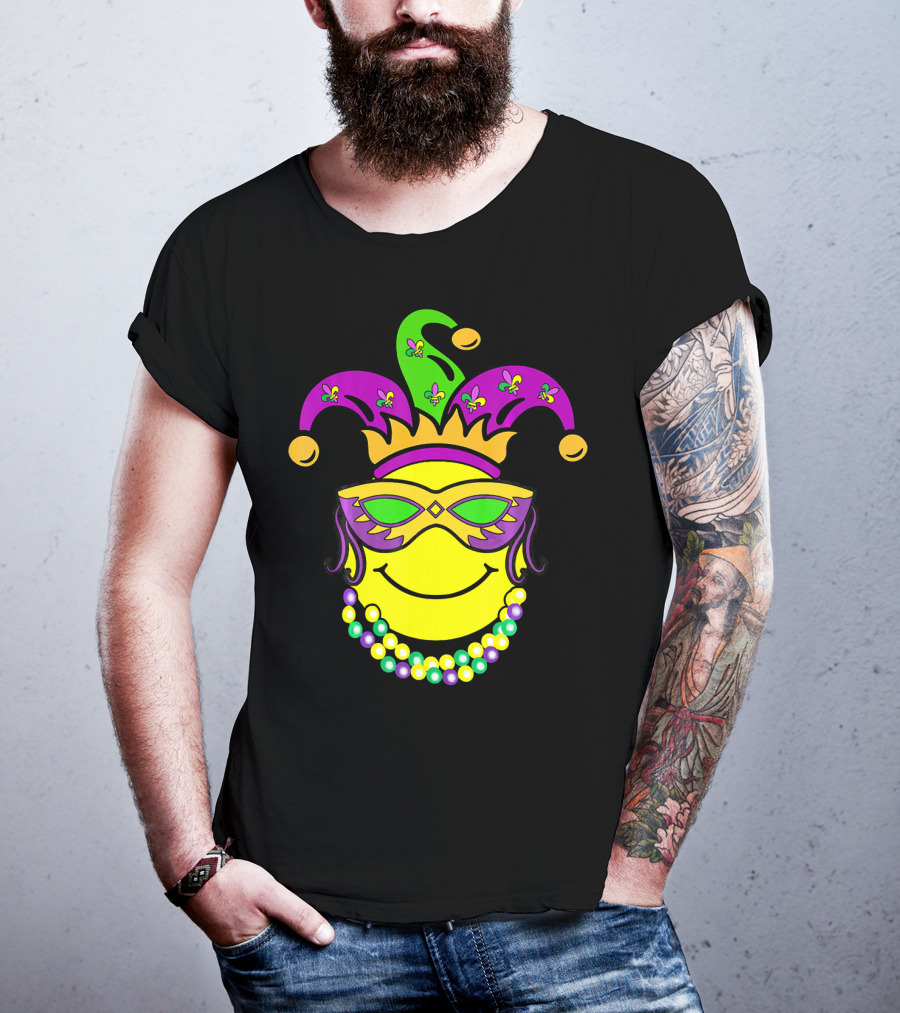 Mardi Gras Emoji Jester Mask Fleur-de-Lis Beads Funny Mardi Gras Lover T-Shirt