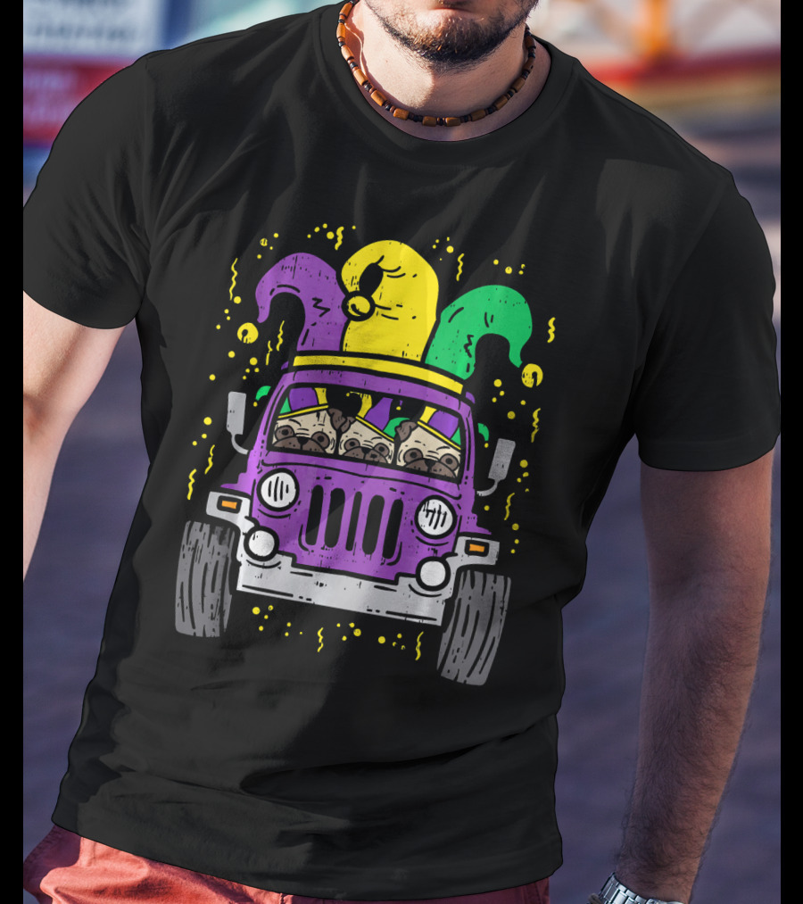 Mardi Gras Jester Pug Dogs In Purple Car T-Shirt