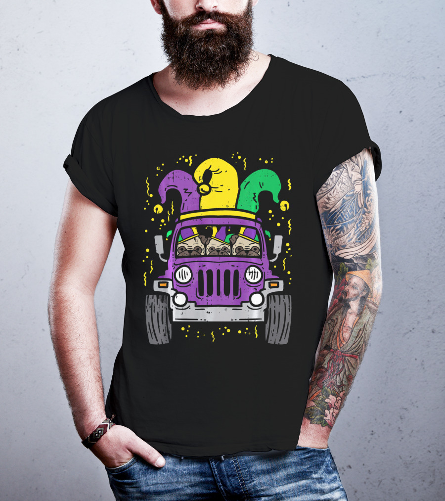 Mardi Gras Jester Pug Dogs In Purple Car T-Shirt