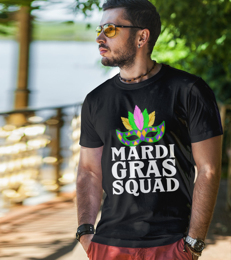 Mardi Gras Squad Colorful Mask And Feathers T-Shirt