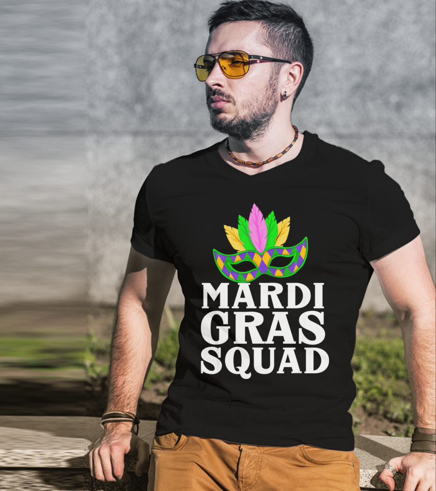 Mardi Gras Squad Colorful Mask And Feathers T-Shirt