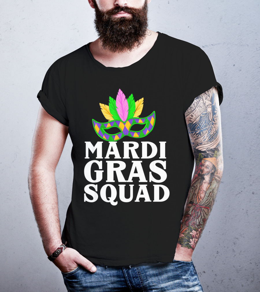 Mardi Gras Squad Colorful Mask And Feathers T-Shirt