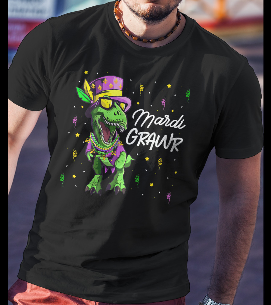 Mardi Grawr T-Rex Dinosaur Mardi Gras Beads And Hat T-Shirt