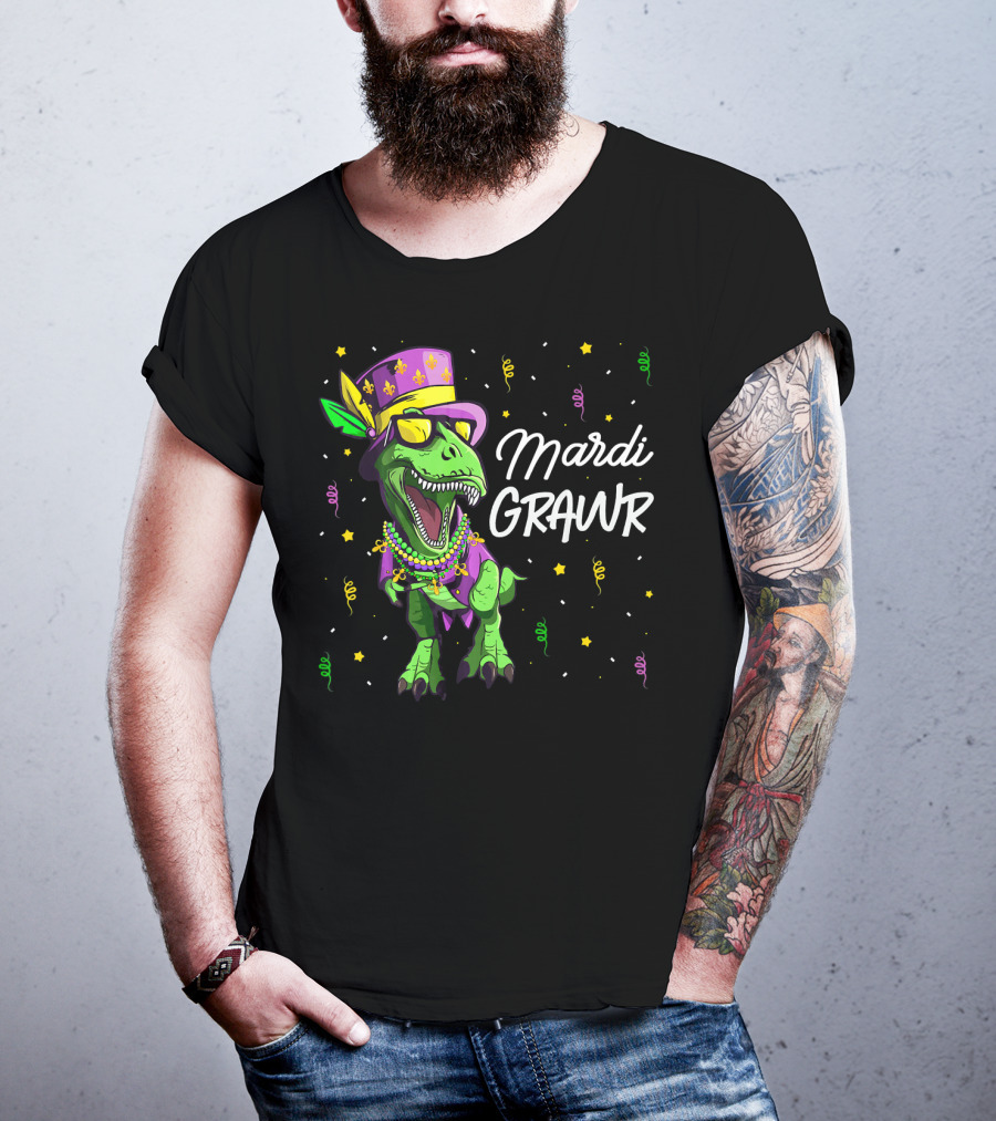 Mardi Grawr T-Rex Dinosaur Mardi Gras Beads And Hat T-Shirt