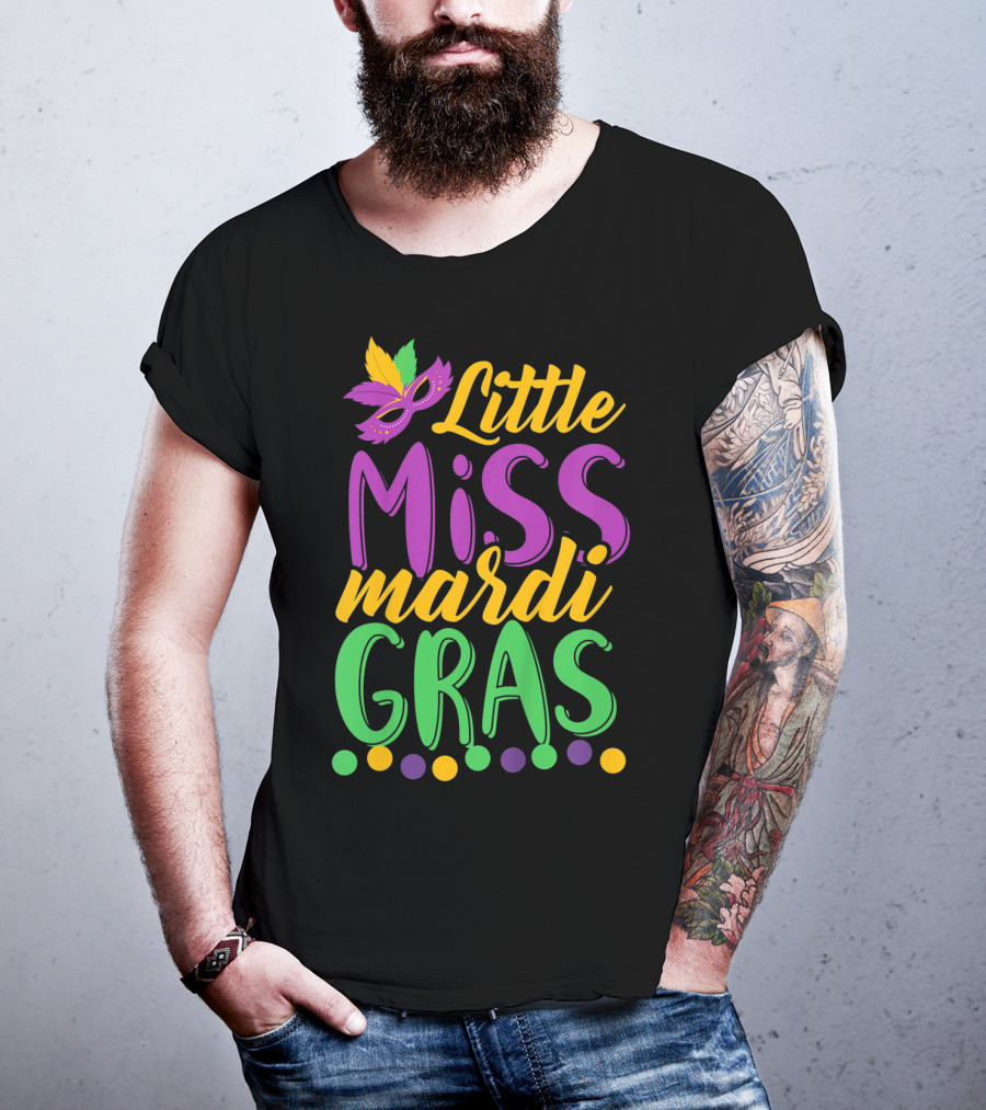 Little Miss Mardi Gras Funny Mardi Mask Feathers Colorful Dots T-Shirt
