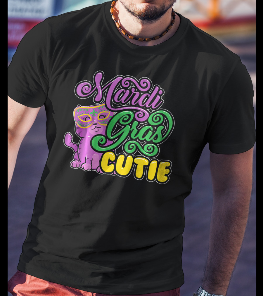 Mardi Gras Cutie Girls Parade Cute Novel Cat With Mask T-Shirt