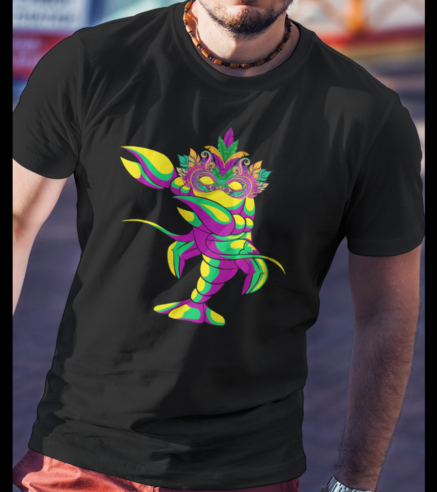 Dabbing Crawfish With Colorful Mardi Gras Mask And Feathers T-Shirt