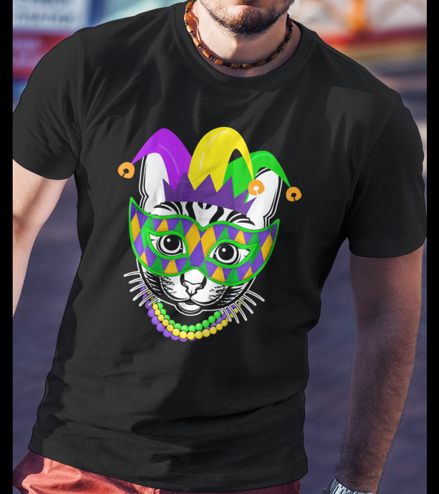 Mardi Gras Cat Jester Mask Beads Kitty Lovers T-Shirt
