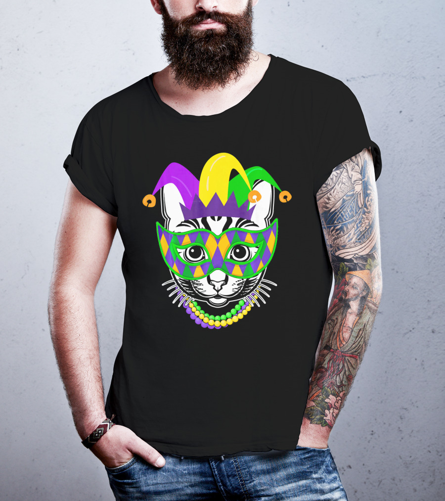 Mardi Gras Cat Jester Mask Beads Kitty Lovers T-Shirt
