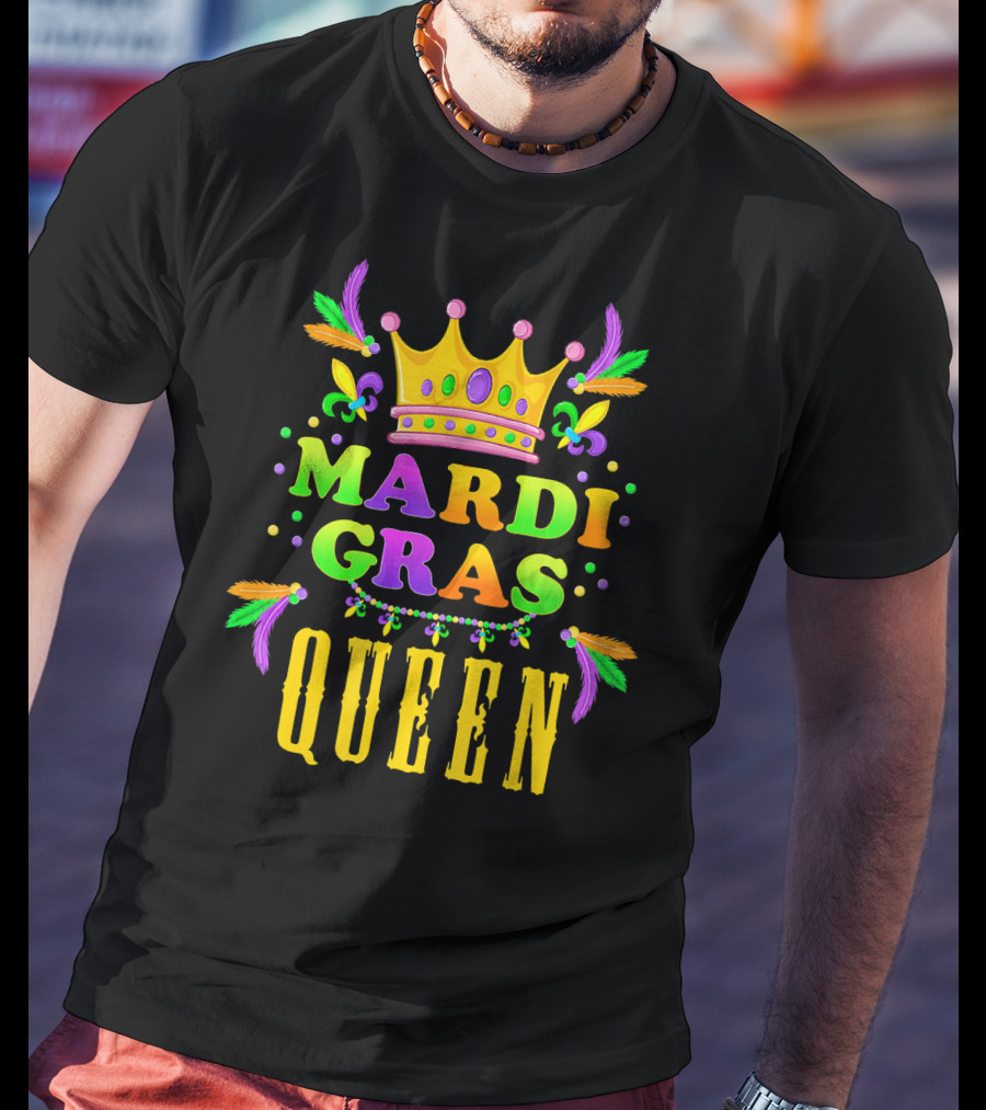 Mardi Gras Queen Colorful Crown Fleur-de-Lis Feathers T-Shirt
