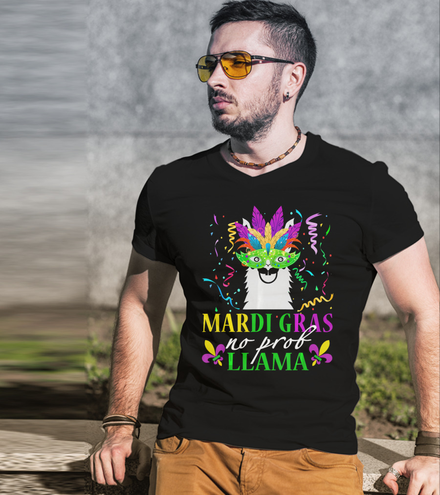Mardi Gras No Prob Llama Colorful Celebration Mask And Confetti T-Shirt