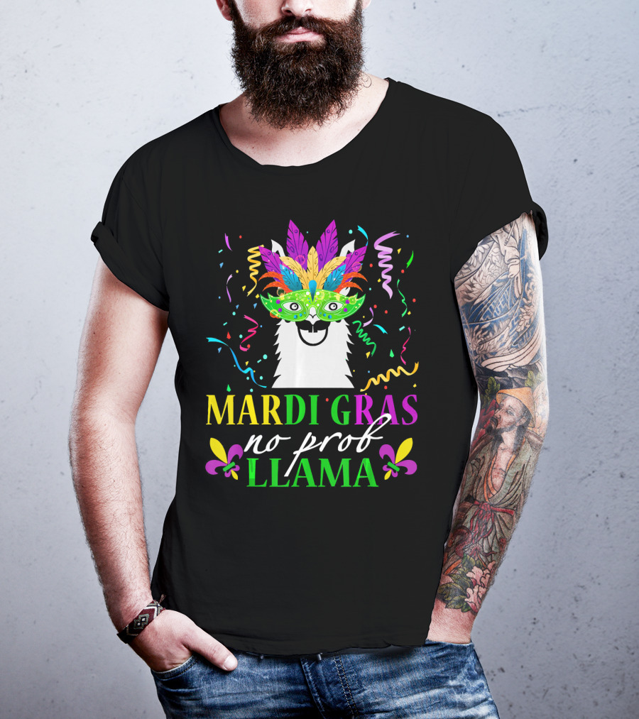 Mardi Gras No Prob Llama Colorful Celebration Mask And Confetti T-Shirt