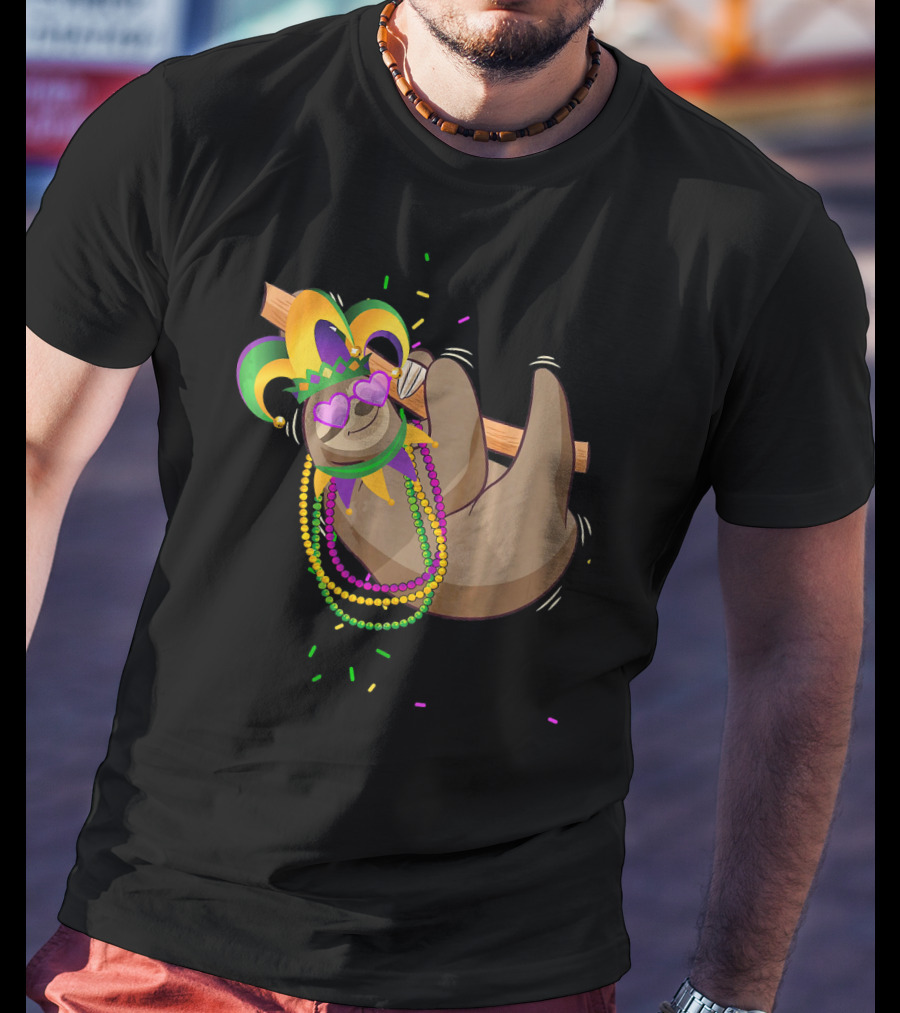 Mardi Gras Sloth Wearing Colorful Beads And Jester Mask T-Shirt