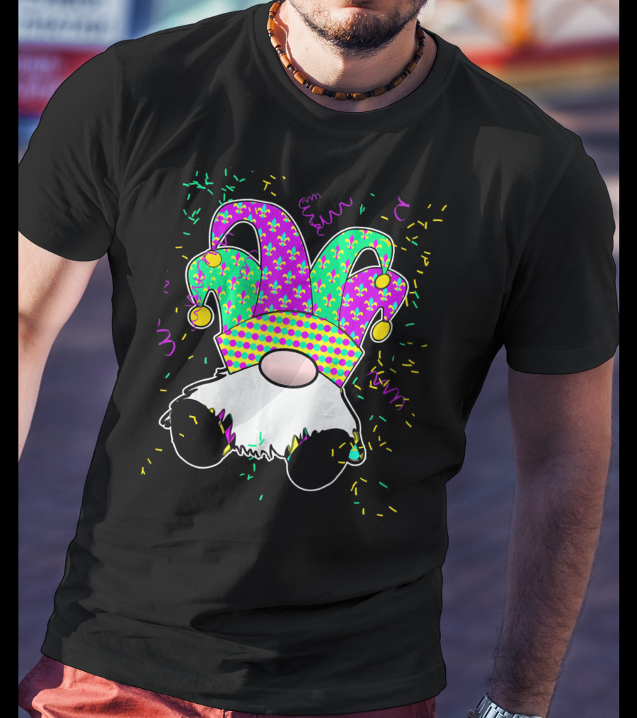 Cute Mardi Gras Gnome Jester Hat Fleur De Lis Fun Confetti T-Shirt