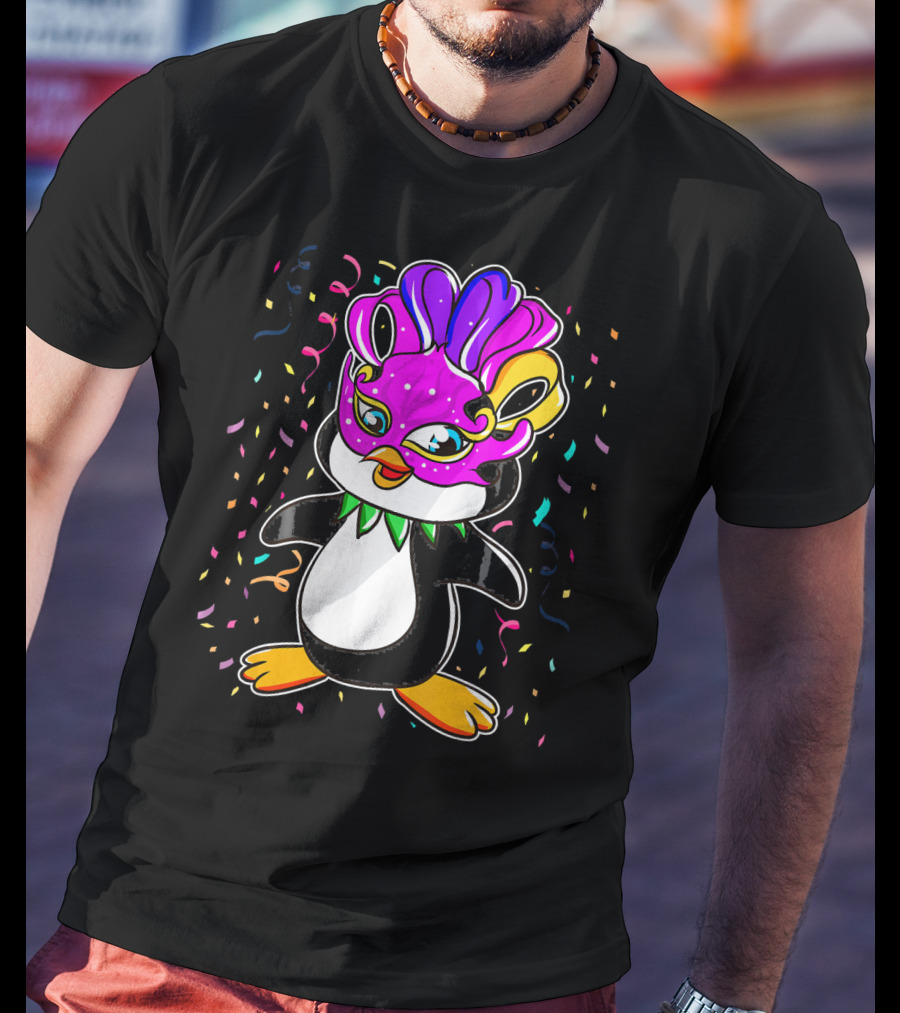 Penguin Mardi Gras Lover Funny Masquerade Festive Confetti T-Shirt