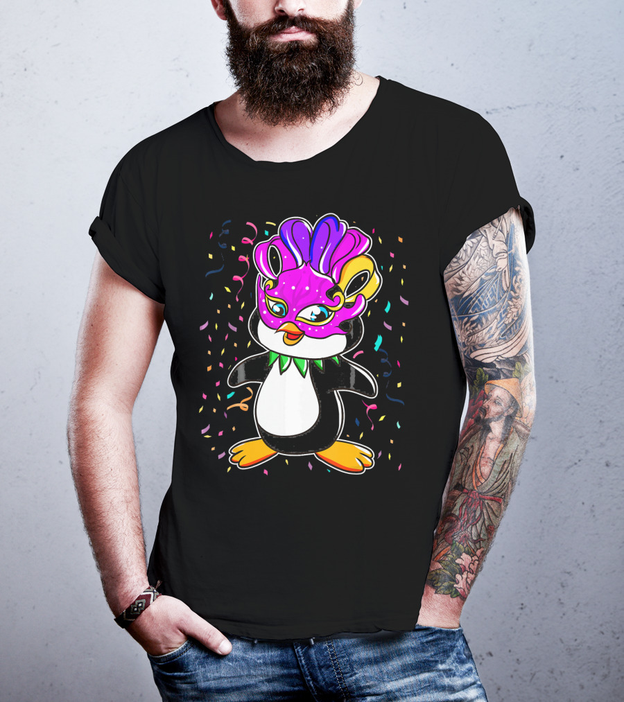 Penguin Mardi Gras Lover Funny Masquerade Festive Confetti T-Shirt
