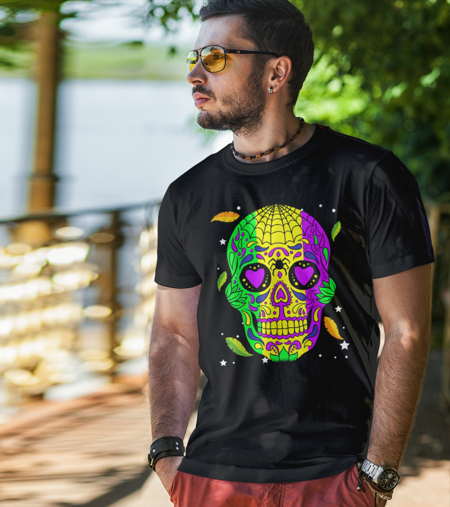 Mardi Gras Skull Jester Hat Colorful Feather T-Shirt
