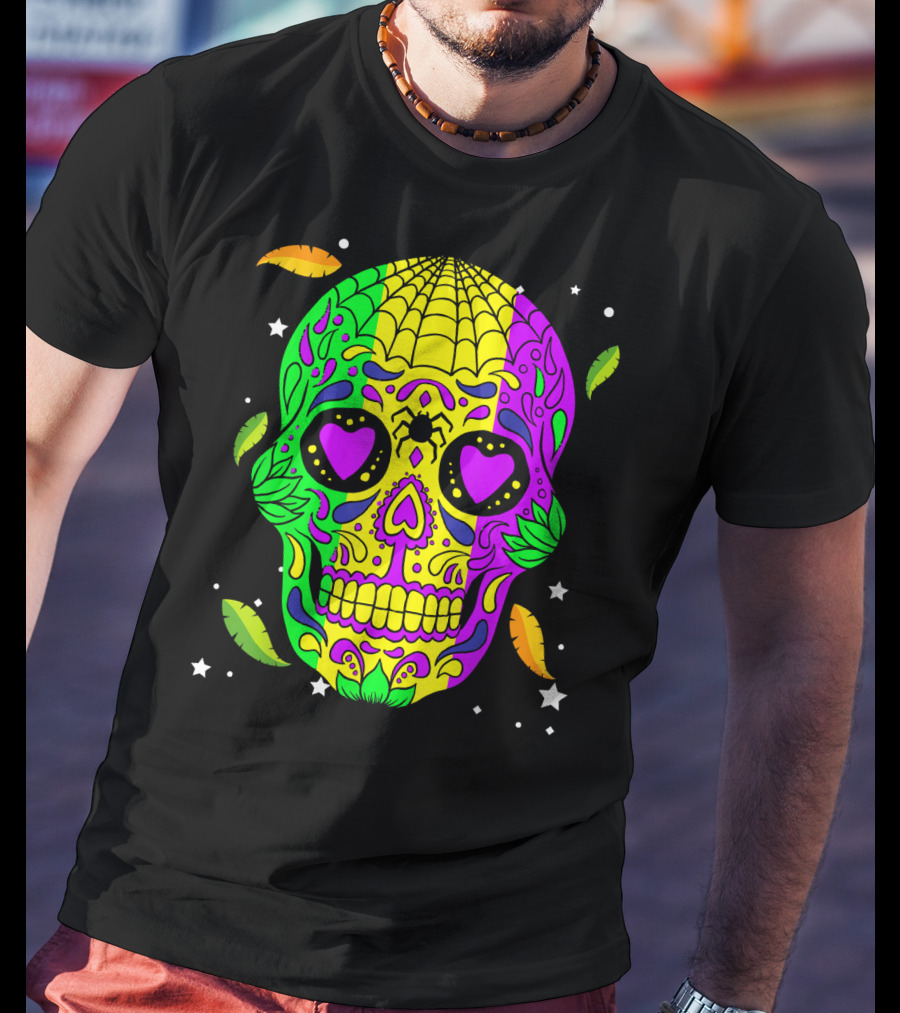 Mardi Gras Skull Jester Hat Colorful Feather T-Shirt