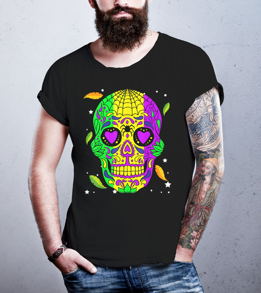 Mardi Gras Skull Jester Hat Colorful Feather T-Shirt