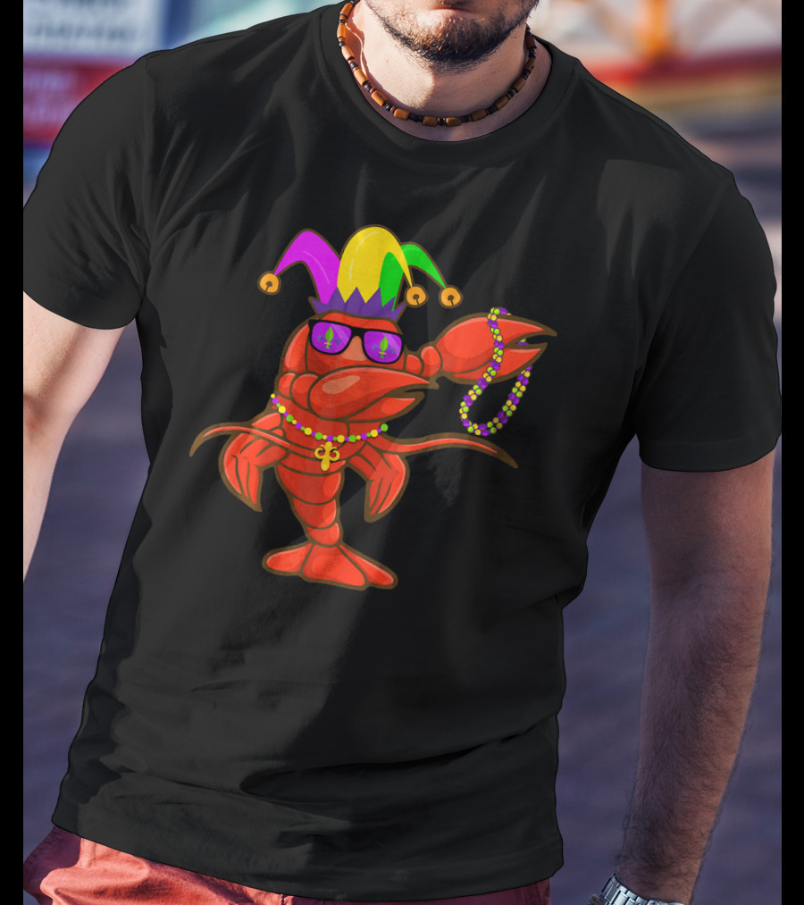 Jester Hat Crawfish Dabbing With Mardi Gras Beads Party T-Shirt
