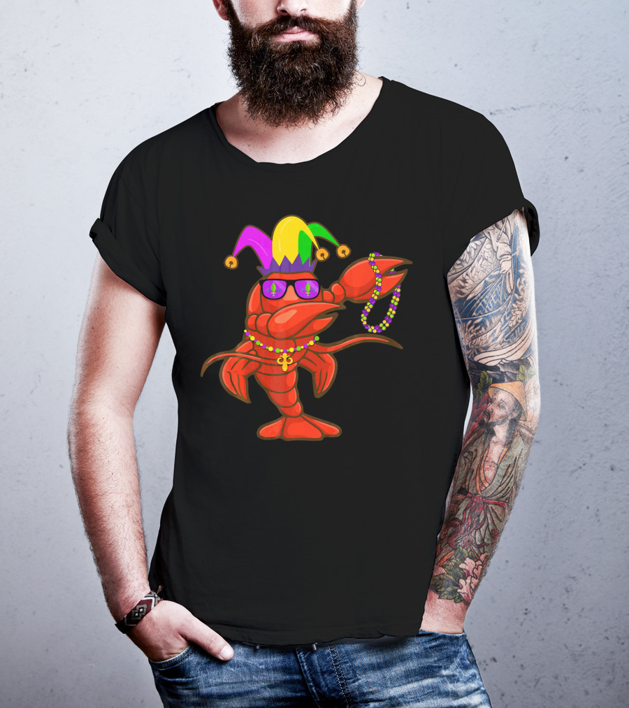 Jester Hat Crawfish Dabbing With Mardi Gras Beads Party T-Shirt