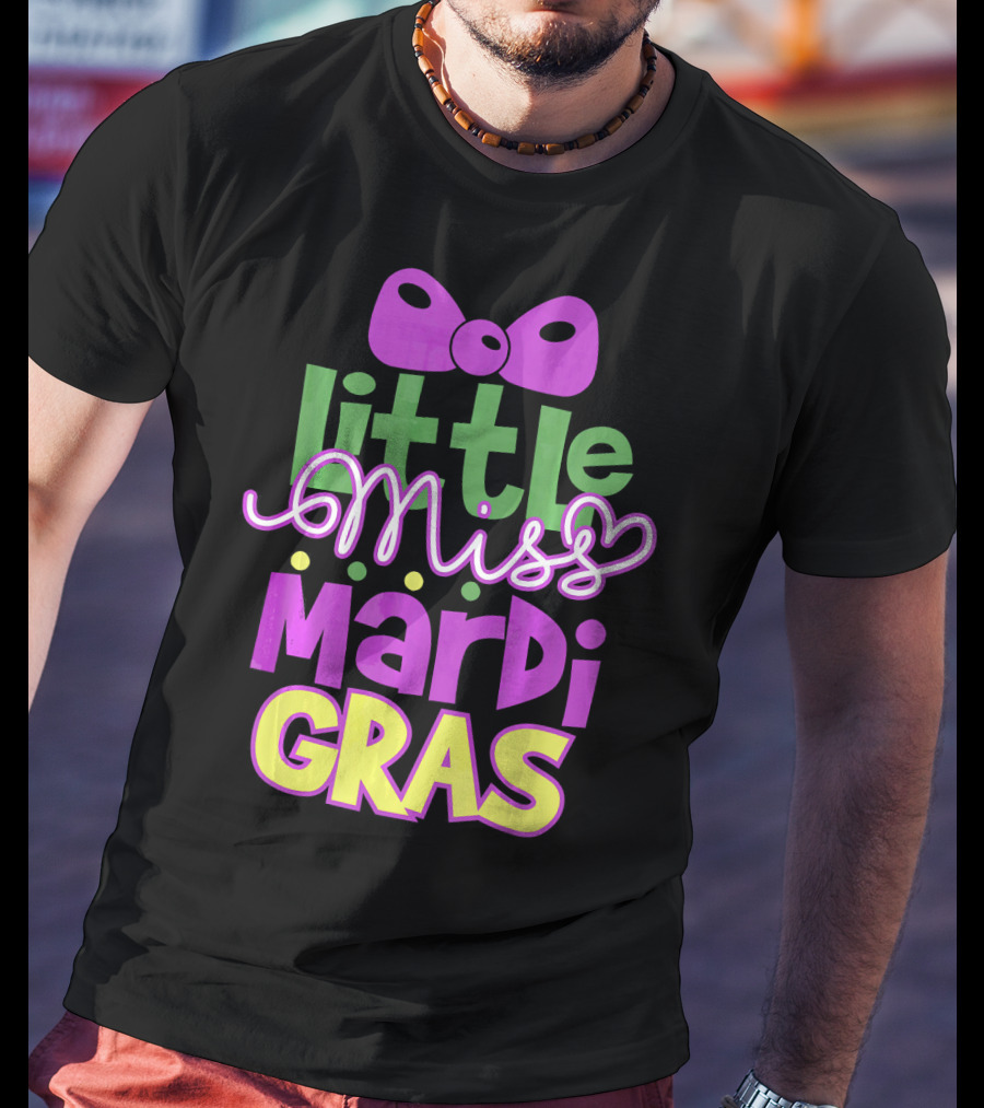 Little Miss Mardi Gras Bow Colorful Letters T-Shirt
