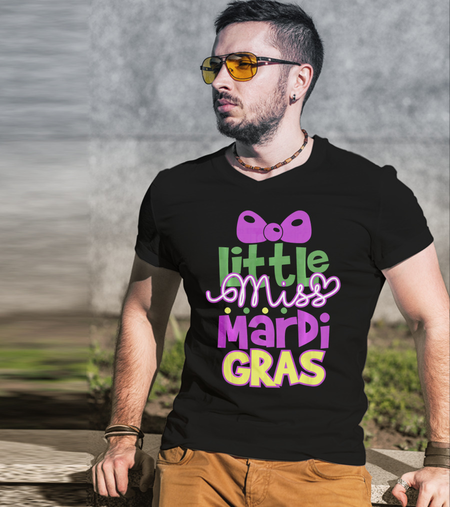 Little Miss Mardi Gras Bow Colorful Letters T-Shirt