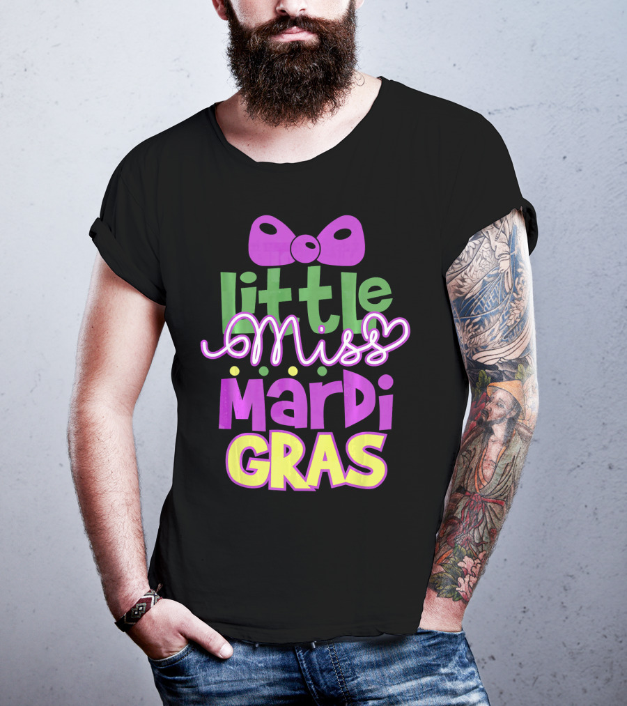 Little Miss Mardi Gras Bow Colorful Letters T-Shirt