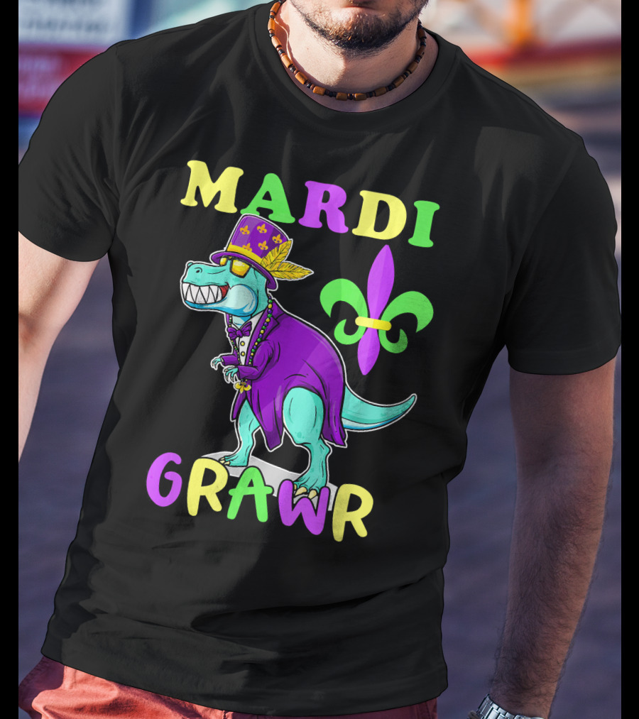 Mardi Grawr Dinosaur Rex New Orleans Fleur De Lis T-Shirt