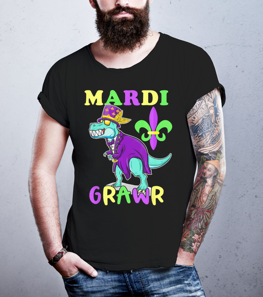 Mardi Grawr Dinosaur Rex New Orleans Fleur De Lis T-Shirt