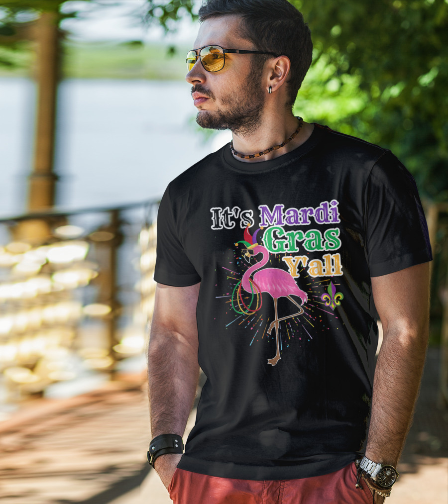 Flamingo It's Mardi Gras Y'all With Beads And Fleur-de-lis T-Shirt