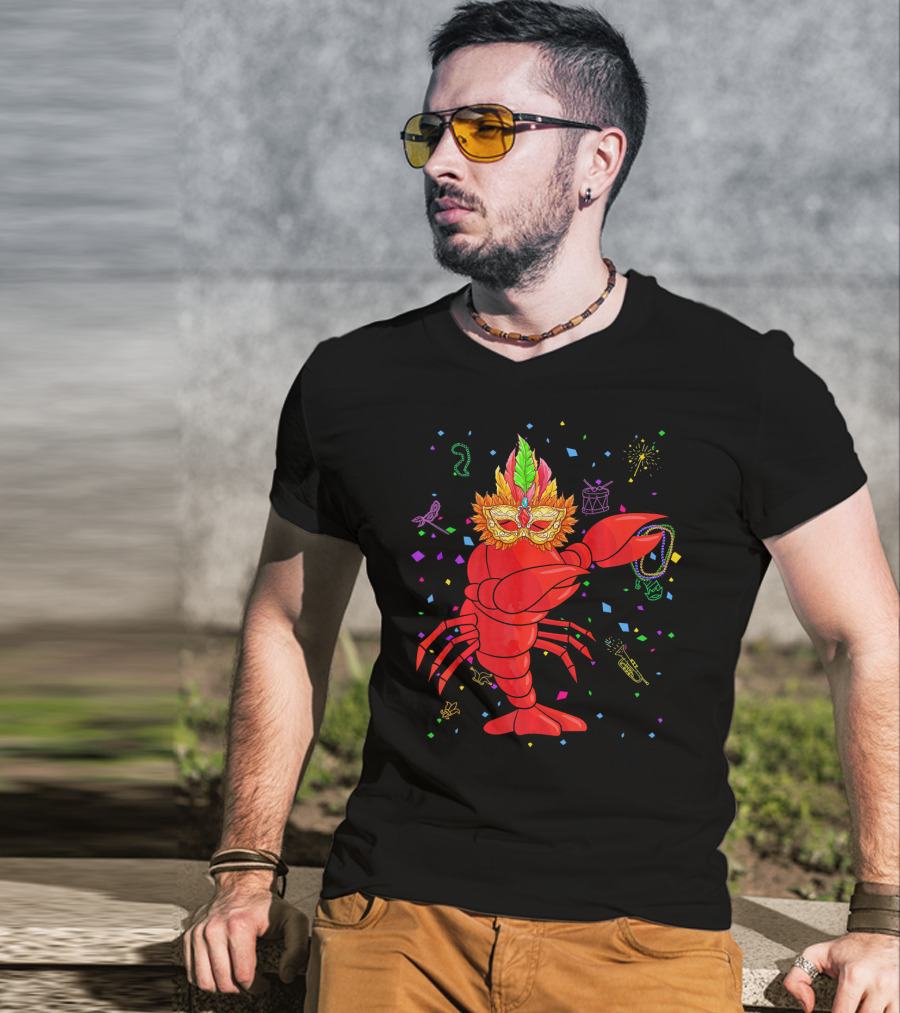 Dabbing Lobster With Mardi Gras Mask And Beads Confetti T-Shirt