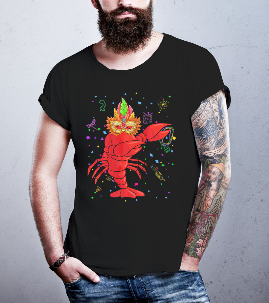Dabbing Lobster With Mardi Gras Mask And Beads Confetti T-Shirt