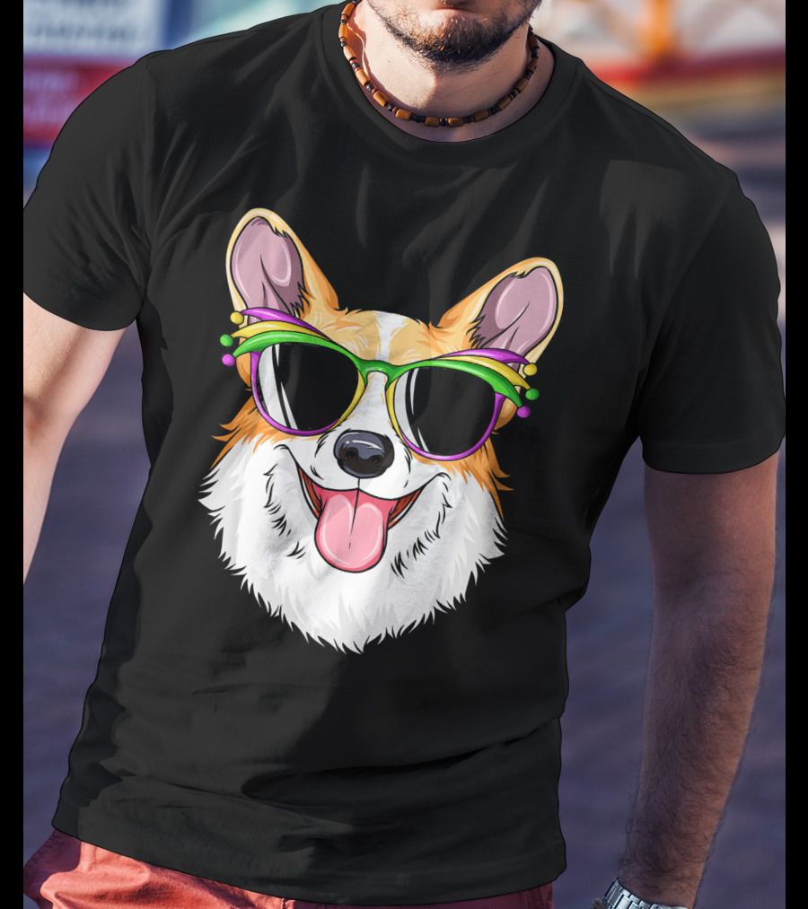 Mardi Gras Corgi With Carnival Mask And Glasses T-Shirt