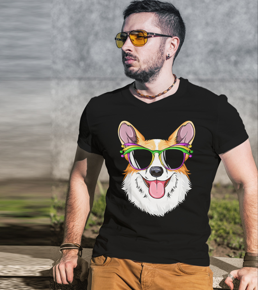 Mardi Gras Corgi With Carnival Mask And Glasses T-Shirt
