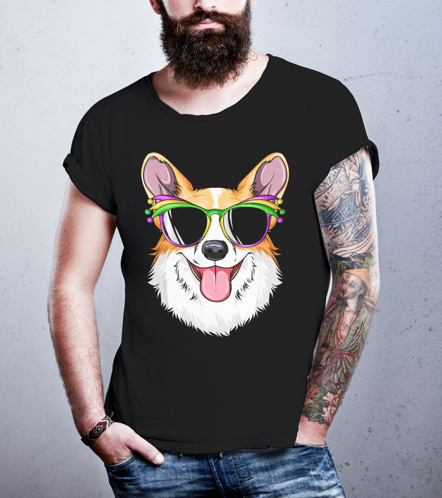Mardi Gras Corgi With Carnival Mask And Glasses T-Shirt