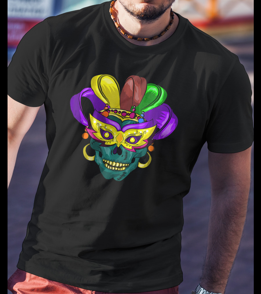Mardi Gras Sugar Skull Colorful Mask Feather Parade Costume T-Shirt