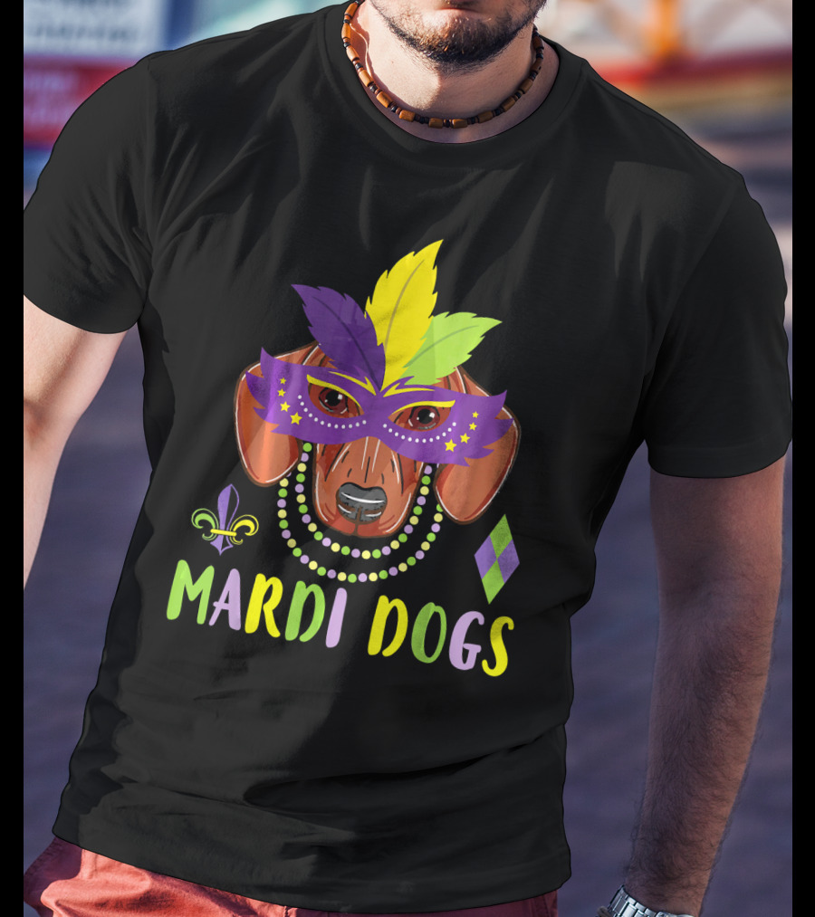 Mardi Dogs Dachshund Mask Beads Fleur-de-Lis Feathers T-Shirt