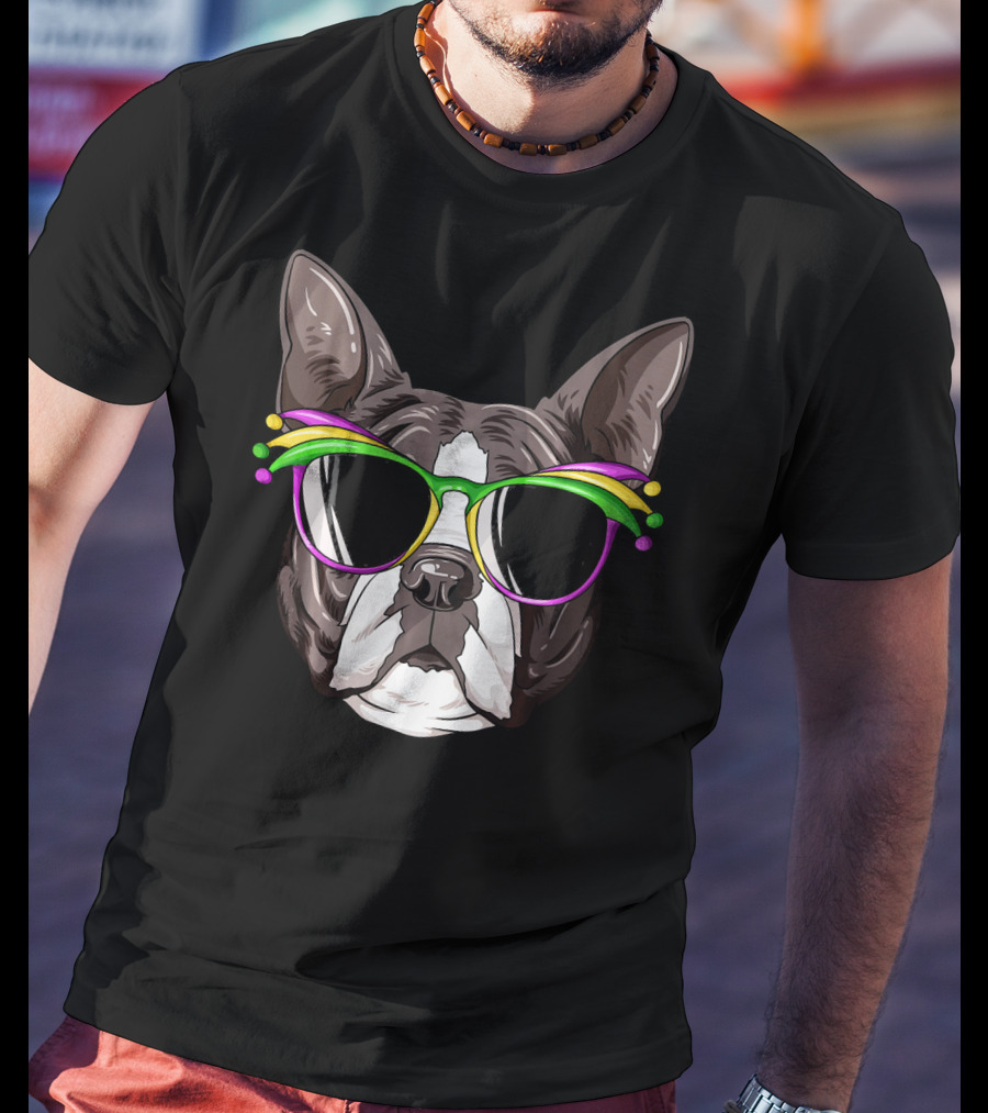 Boston Terrier With Colorful Mardi Gras Carnival Mask Glasses T-Shirt