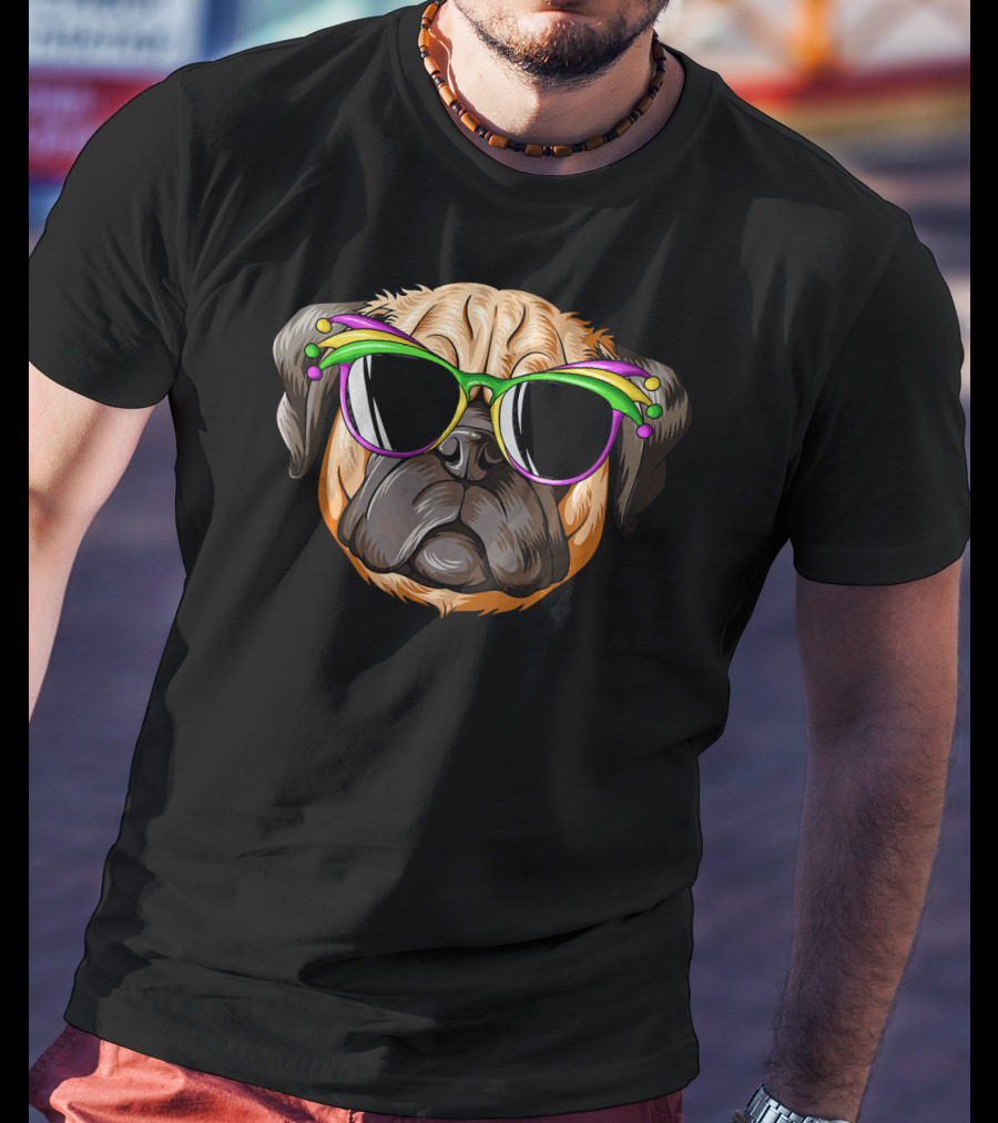 Pug Wearing Mardi Gras Carnival Mask With Colorful Beads And Sunglasses T-Shirt