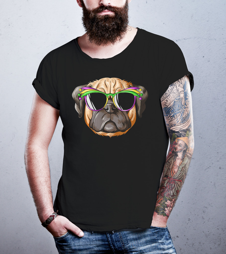 Pug Wearing Mardi Gras Carnival Mask With Colorful Beads And Sunglasses T-Shirt