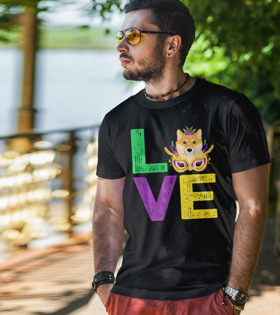 Love Shiba Inu Dog Mardi Gras Funny Dog Dad T-Shirt