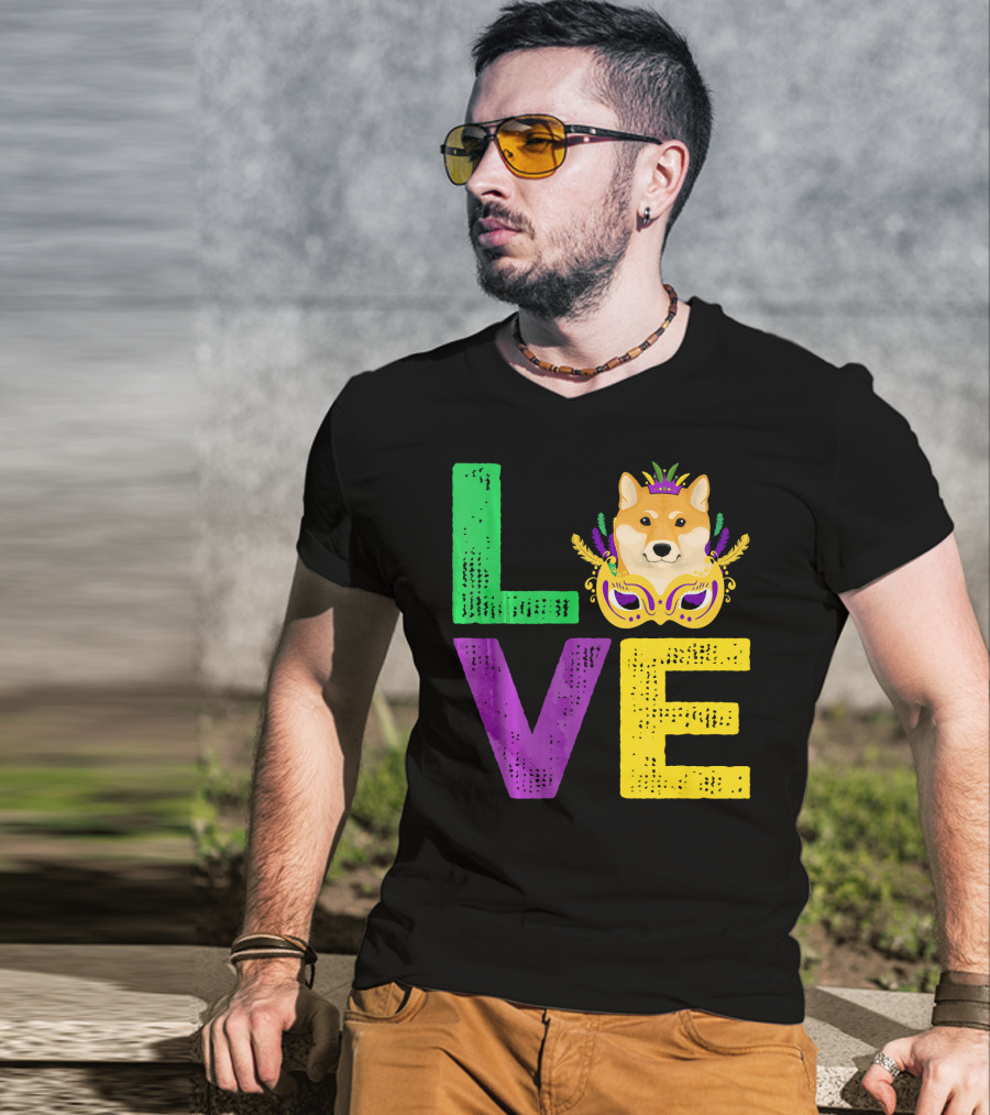 Love Shiba Inu Dog Mardi Gras Funny Dog Dad T-Shirt