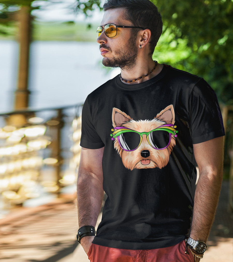 Yorkshire Terrier Mardi Gras Colorful Sunglasses Mask Yorks T-Shirt