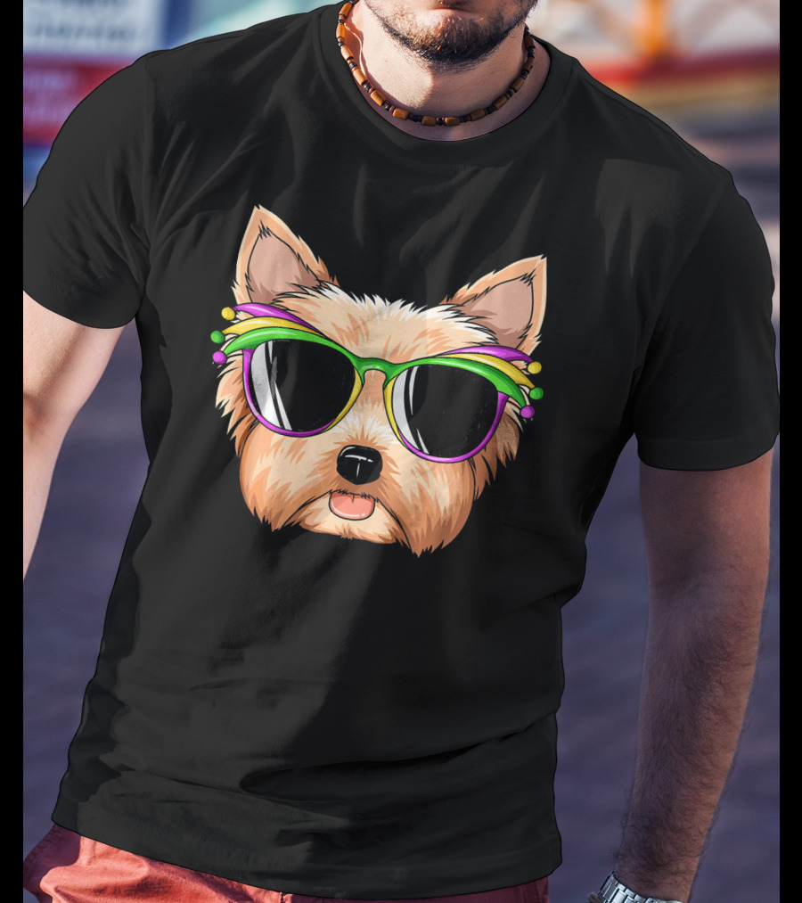 Yorkshire Terrier Mardi Gras Colorful Sunglasses Mask Yorks T-Shirt