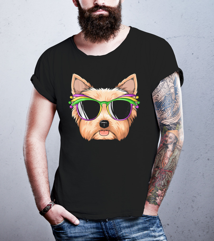Yorkshire Terrier Mardi Gras Colorful Sunglasses Mask Yorks T-Shirt